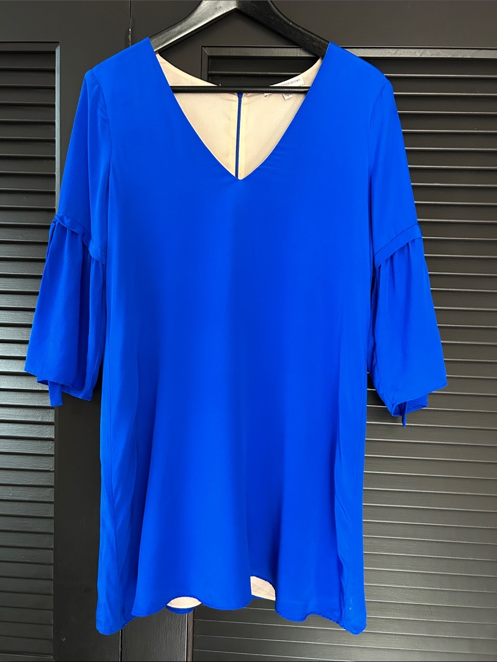 Lavender Brown 100% Silk V-Neck Mini Dress in Cobalt, Size Small